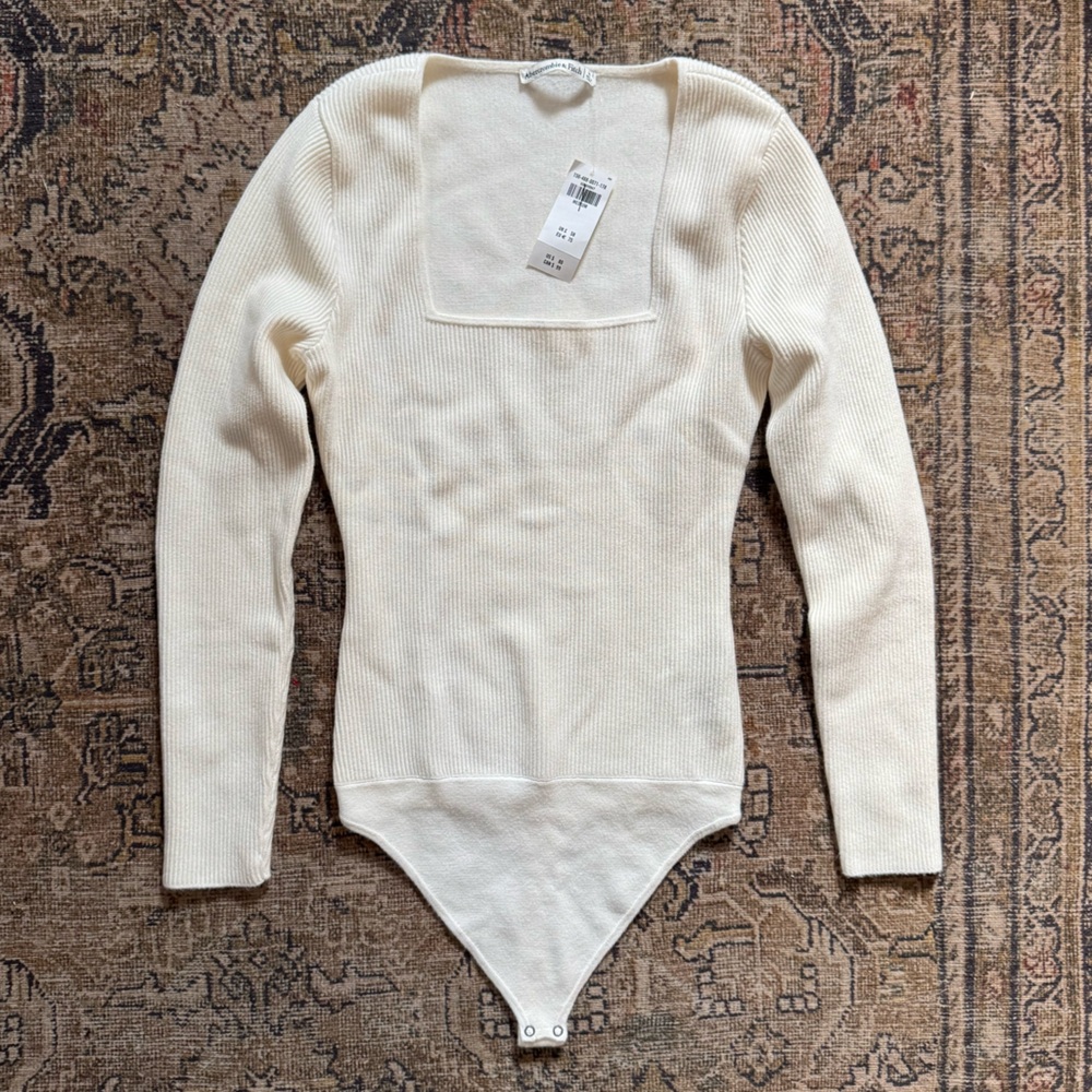 ABERCROMBIE & FITCH Ottoman Sweater Knit Ribbed Square Neck Bodysuit M Cream NWT